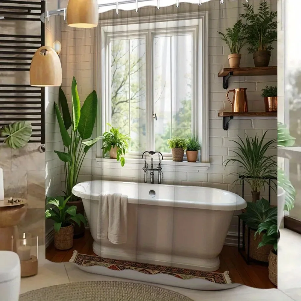 

Душевая занавеска Serene Sunshine белая, для отдельностоящей ванны, с изображением зеленых растений, натурального оконного света, художественный декор, с крючками