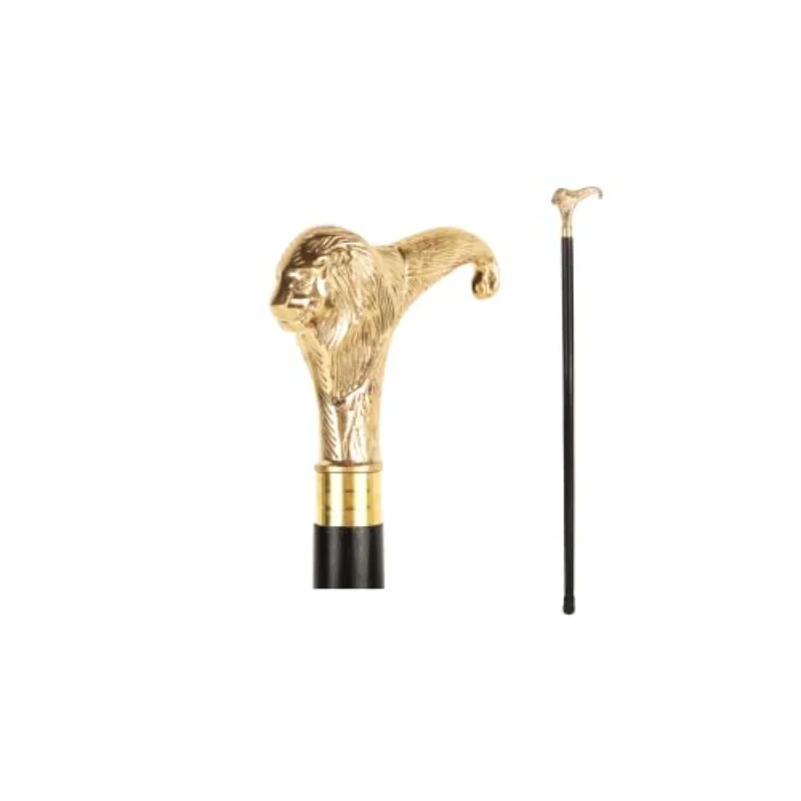 عصا مشي خشبية سوداء بمقبض أسد من النحاس مصنوعة يدويًا مثالية للاستخدام الداخلي والخارجي بتصميم أنيق مع ثلاثة أضعاف