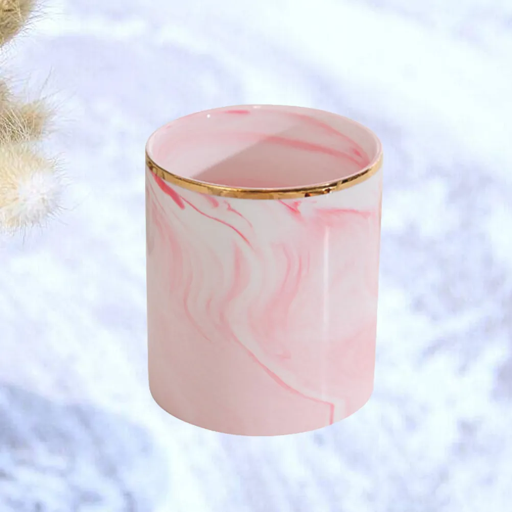 

European Style Marbled Ceramic Pen Holder Desktop Stationery Organizer for Pens Pencils Rulers Makeup Brushes Golden Pink Smooth
