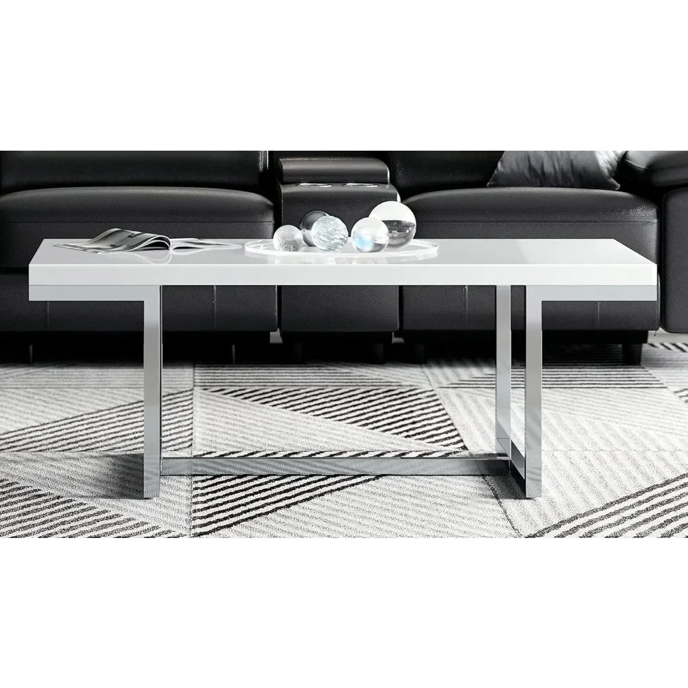 Meuble de table basse moderne avec base en acier inoxydable poli, dessus en laque blanche brillante, L 47.2 po x P 23.6 po x H 17.7 po