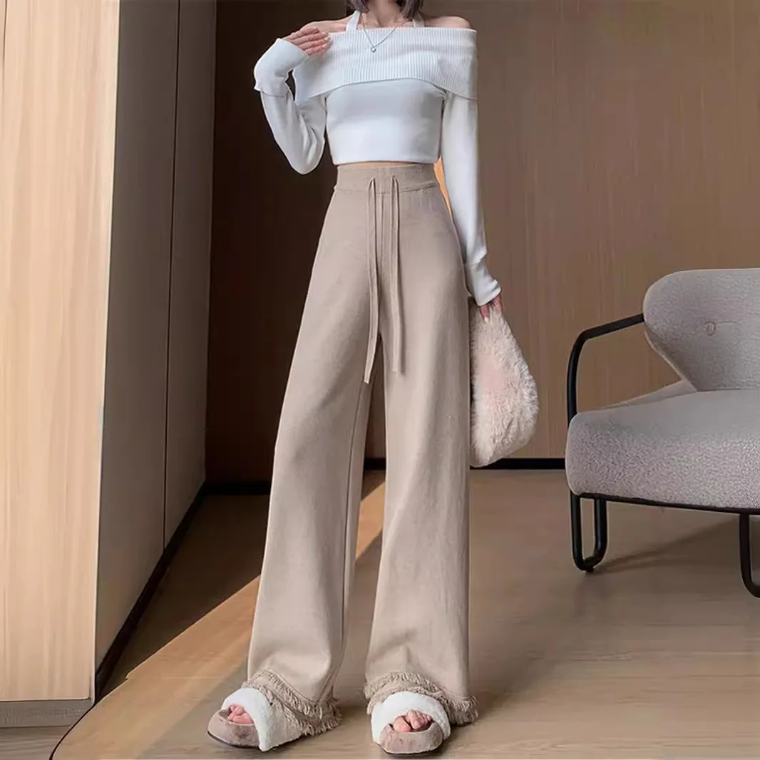 2024 Tassel Straight Leg Pants, Children's Autumn and Winter Thick Knitted Wide Leg Pants, High Waist Hanging Pants