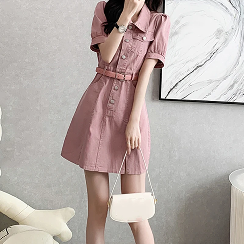 EVNISI Women Elegant Short Sleeve Denim Dress With Belt Polo Collar High Wais Slim Office A-line Dresses Women Summer Vestido