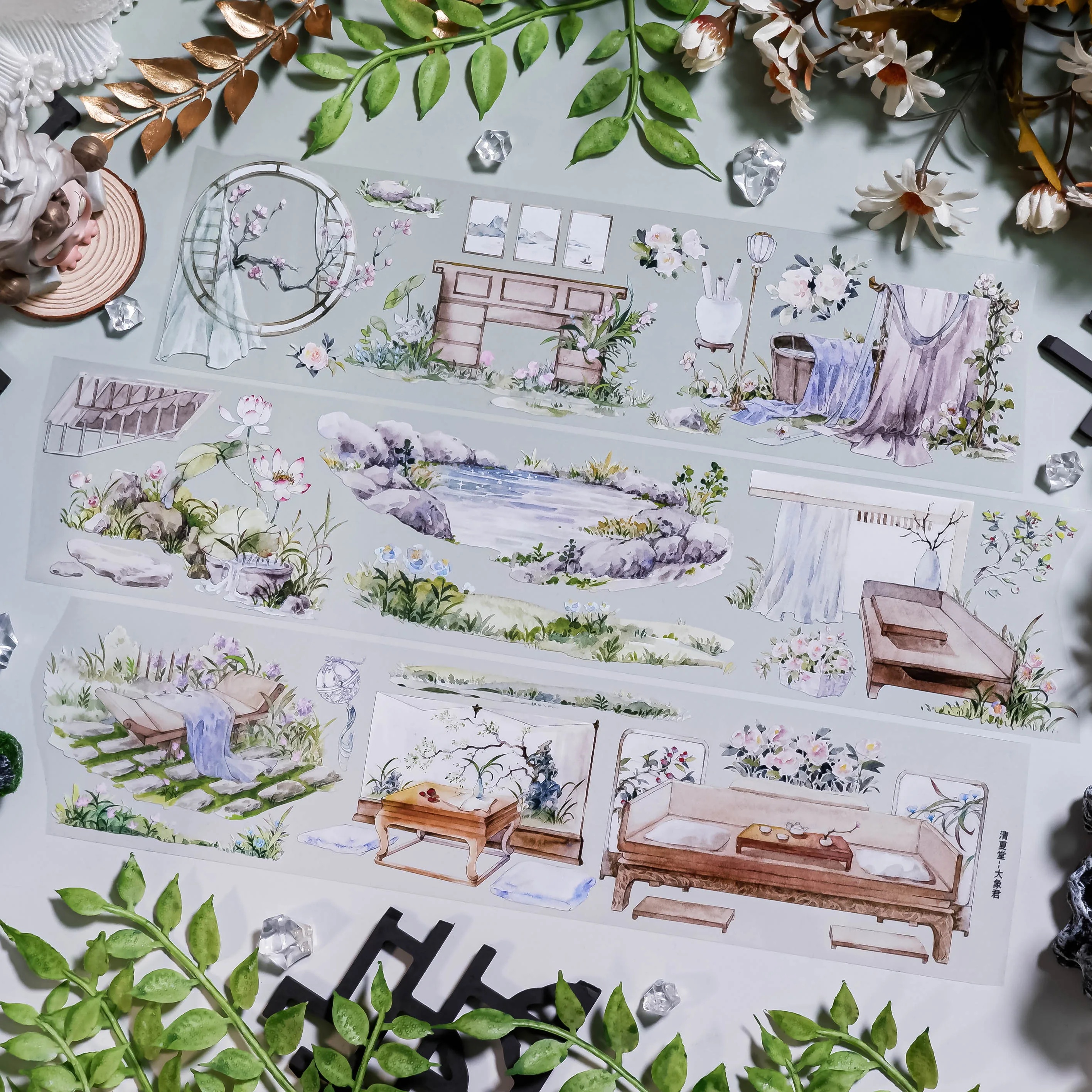 Ancient Chinese Garden Washi Paper washi Tape PET White Ink, Landscaping Courtyard Collage