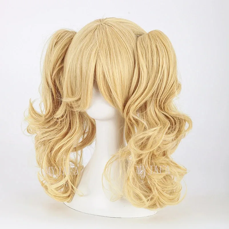 Peluca de Cosplay Quinn de alta calidad, mezcla rubia dorada corta rizada con Clip, coletas, pelucas de pelo sintético resistentes al calor + gorro de peluca