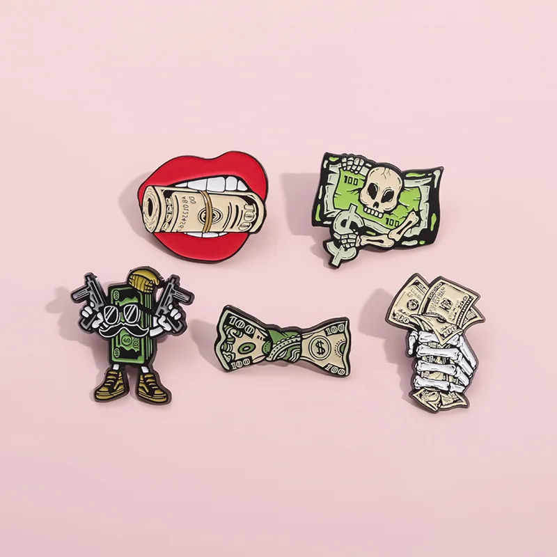 Creative Dollar Bill Enamel Brooch Fully Loaded MONEY MAKER Wings Cigarette Metal Badge Punk Boy Lapel Pins Jewelry Gifts