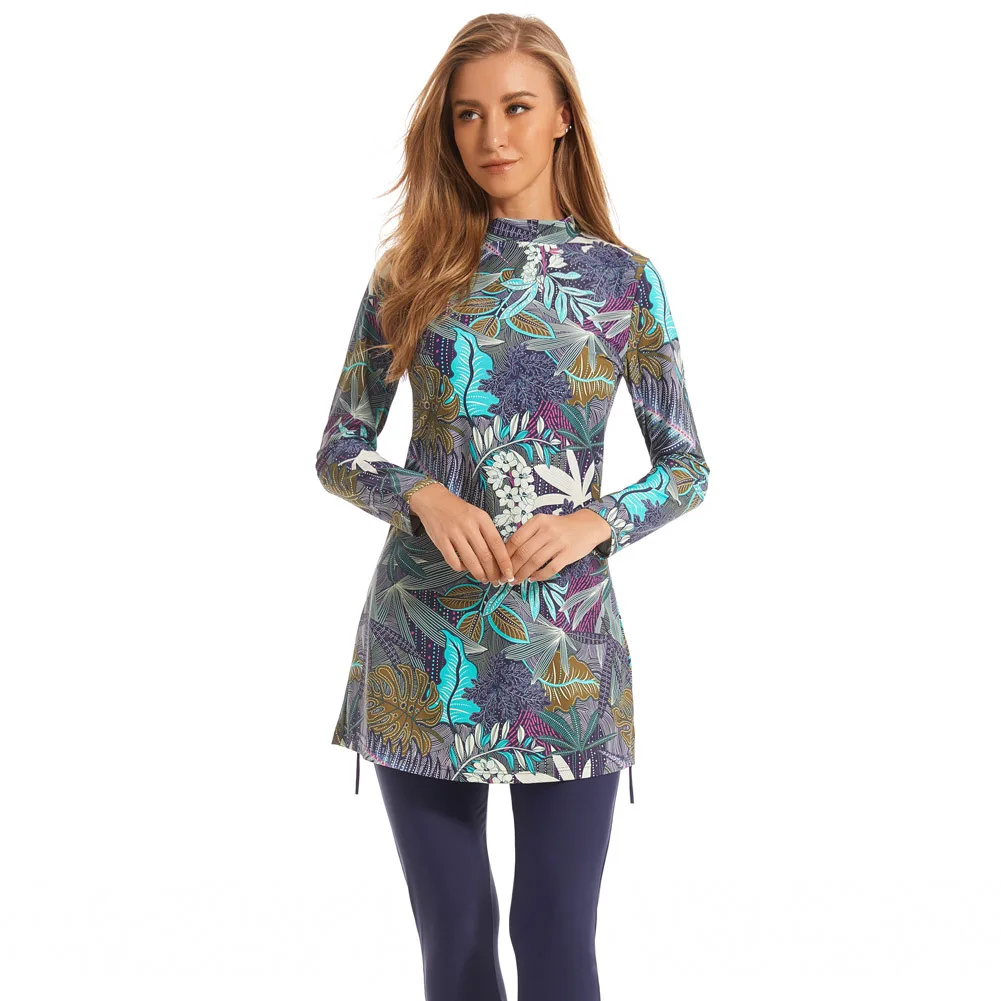 3 Pieces Vintage Tropical JunglePrint Long Sleeve Modest Burkini Swimsuit Loose Tunic Full Leggings Hijab Islamic Bathing Suit