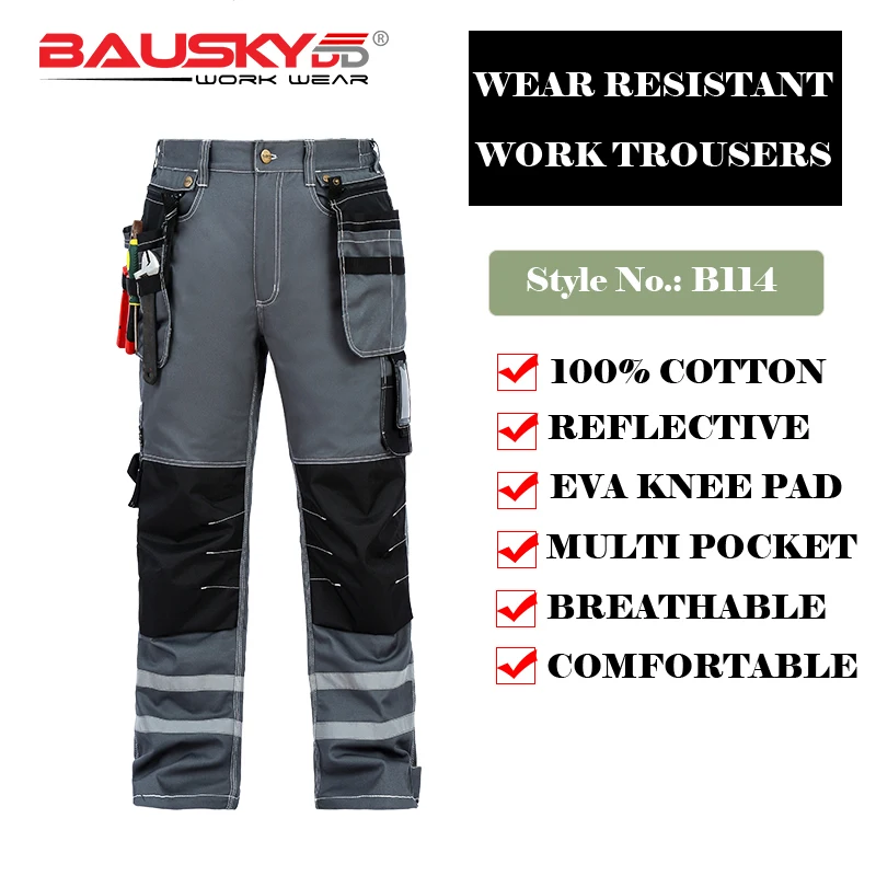 Bauskydd Mens Male Durable Workwear Multi-pocket Trousers with Knee Pads Reflective Strips 100% Cotton Work Pants