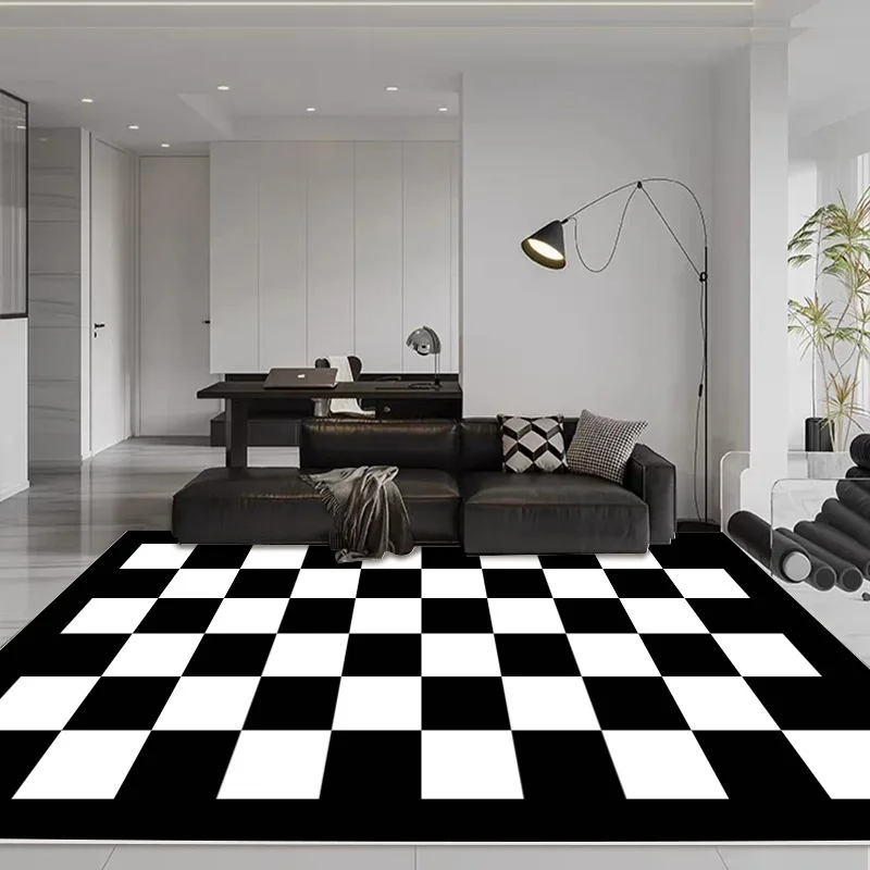 VIKAMA Black And White Checkered Carpet, Living Room Sofa, Simple Bedroom Cream-Style Floor Mat, Ins Bedside Home Decoration