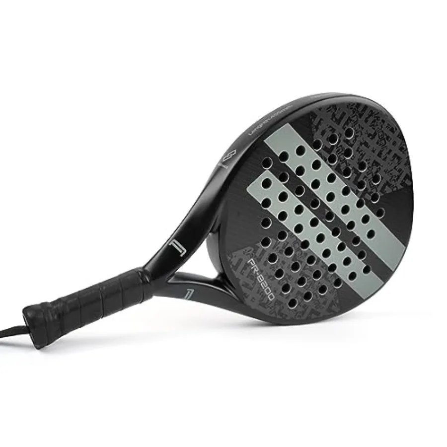 Padel racket for competitive play, carbon fiber surface, black with red accents, ultra-lightweight and vibration-dampening EVA