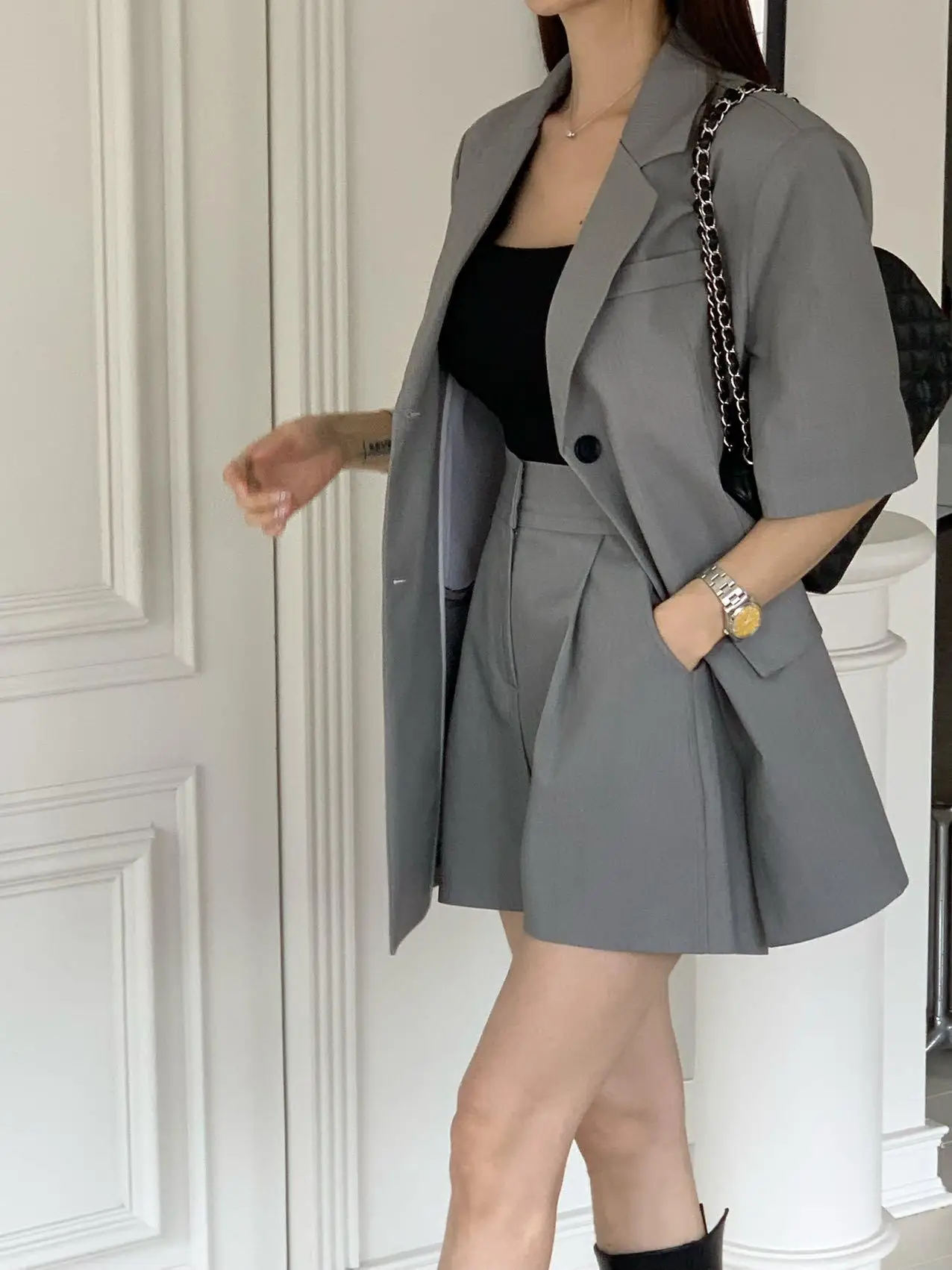 

Loose Women's Suit Jaet with Button Closure And Side Slits Wide Leg ort Pants Set Faionable Casual Sle Cotton Blend