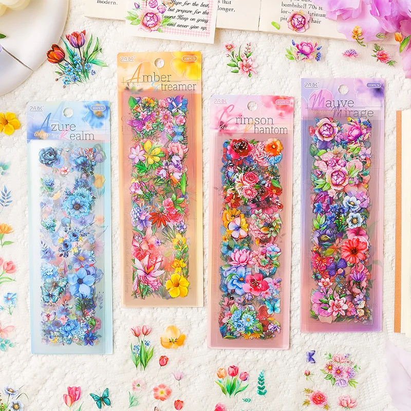 10 pcs Retro Waterproof Flower Stickers, Long Decorative Decals, Artistic Journaling Supplies