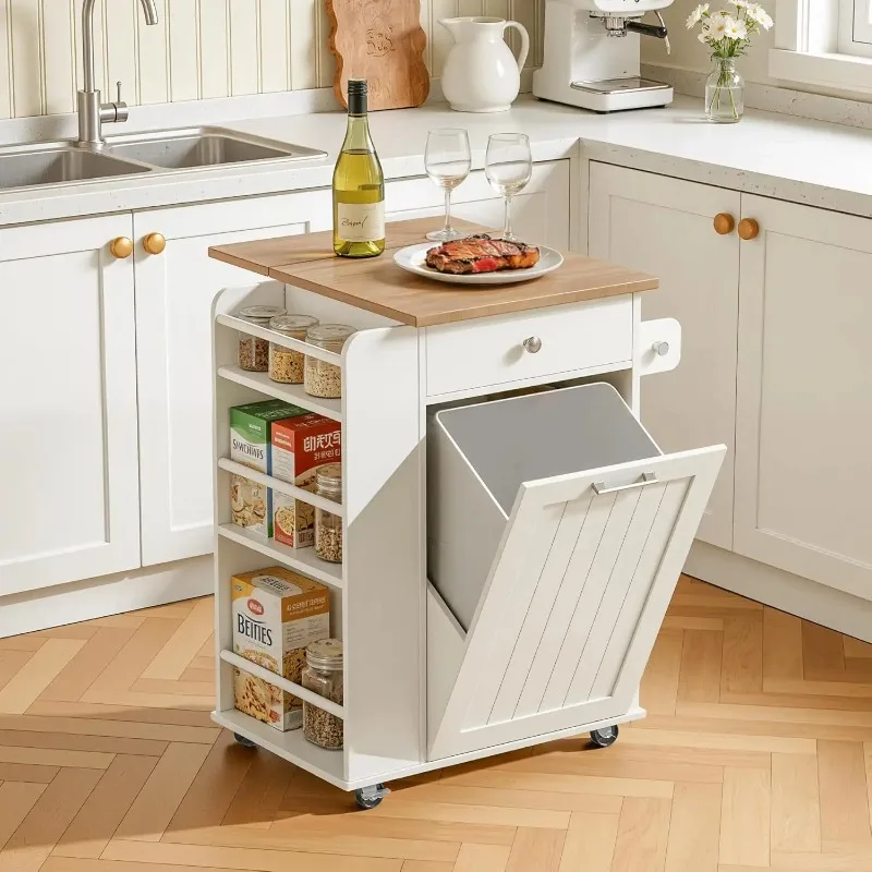 Kitchen Island with Trash Can Storage & Drop Leaf, Portable Kitchen Island on Wheels, Rolling Island Table for