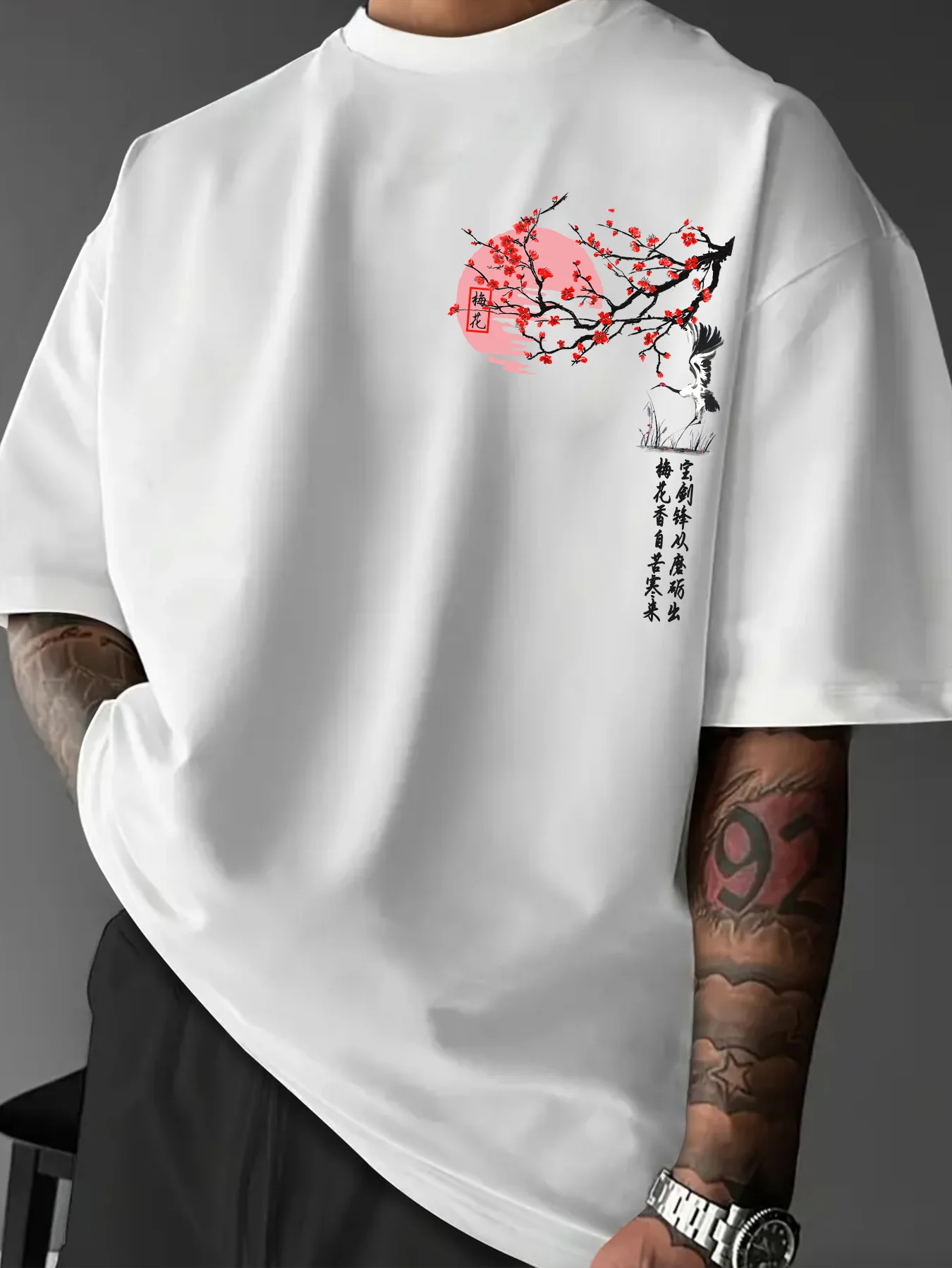 Minimalist Chinese Traditional Painting Streetwear Tee With Plum Crane Poem Text Pattern Print, S-XXL