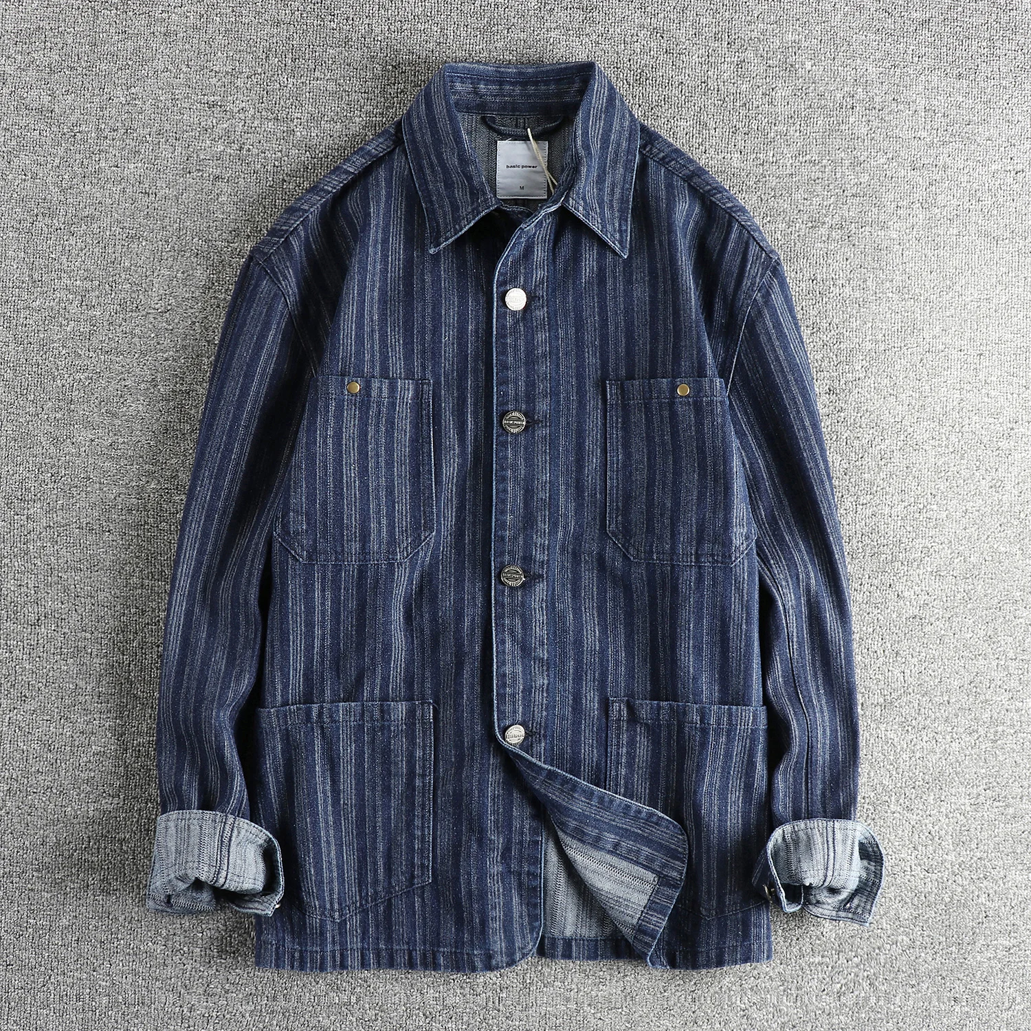 2025 Spring New American Retro Denim Cargo Indigo Striped Shirt Men's Amekaji Multi Pocket Casual Loose Blouses Thin Jacket