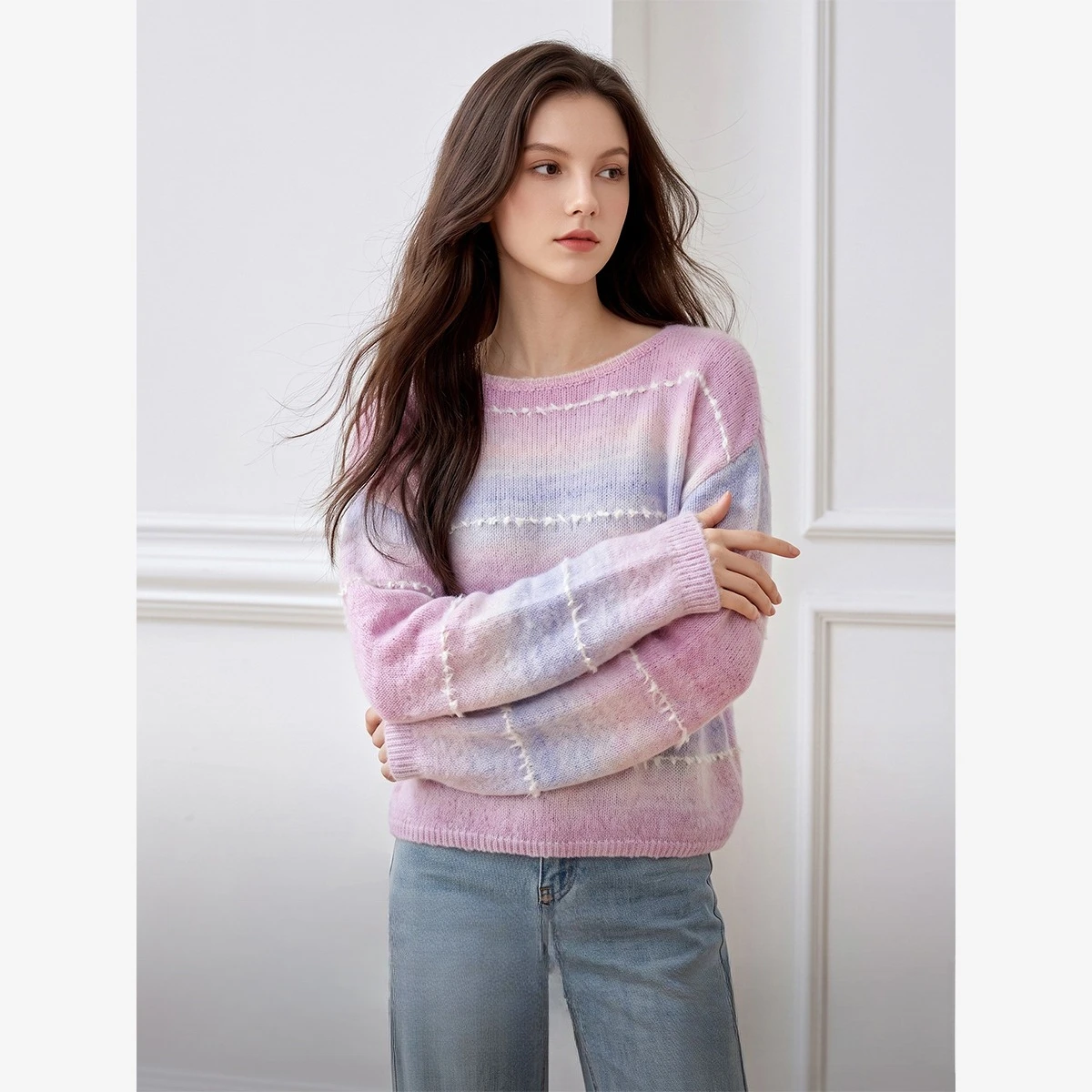 VIMLY Off-shoulder Knit Sweater Women 2026 Winter Gradient Purple Design Long Sleeve Pullover Elegant Fashion Female Top 32027