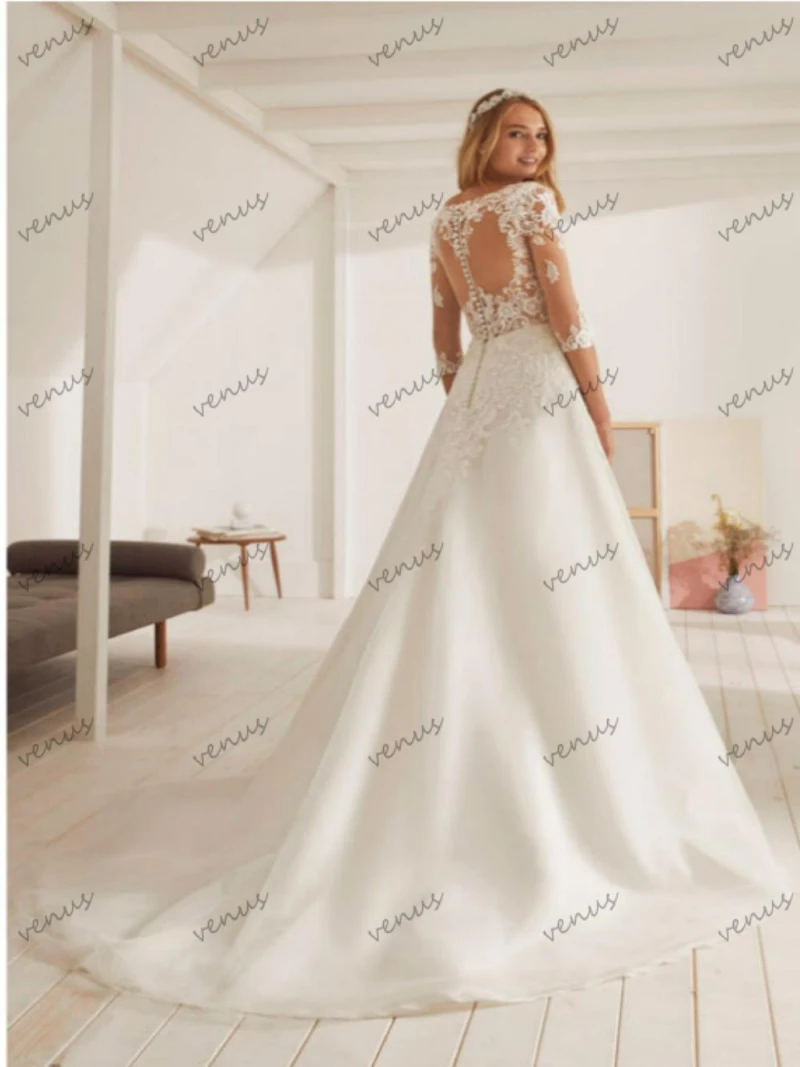 Elegant Wedding Dresses A-Line Satin Bridal Gowns Lace Appliques Half Sleeves Floor Length Robes For Party Vestidos De Novia