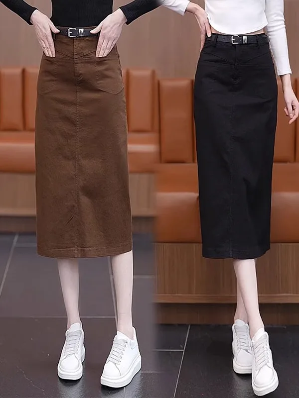 Cafe Brown Denim High Waist Midi Skirt Women's Summer Thin New 2026 High Waist Straight Tube Skirt mid Length One Step Skirt