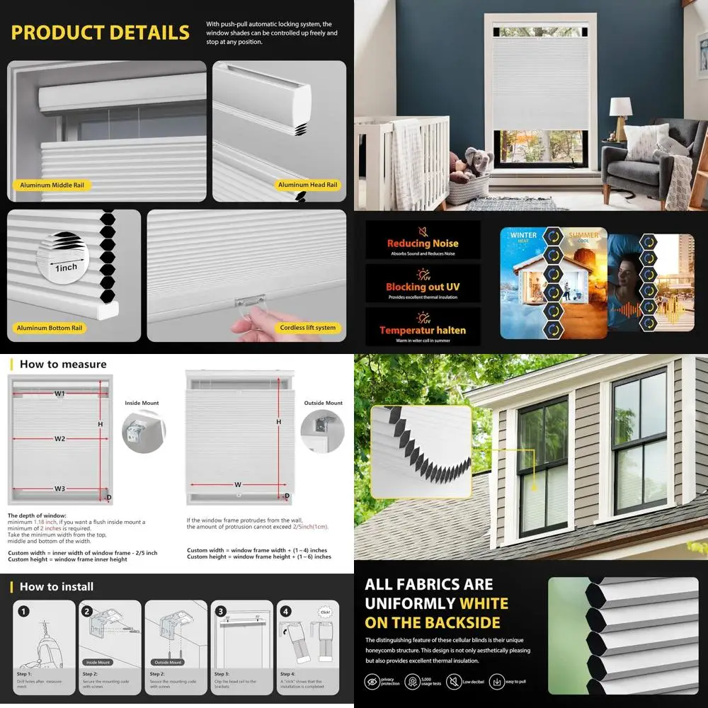 

Cordless Honeycomb Shades, Top-Down Bottom-Up, 34x64, White Blackout for Indoor Windows