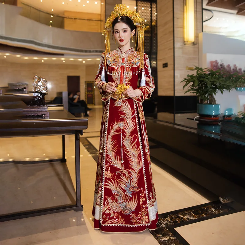 

Китайская традиционная одежда Xiuhe для невесты, новинка 2025, свадебное платье в китайском стиле, красные свадебные платья больших размеров