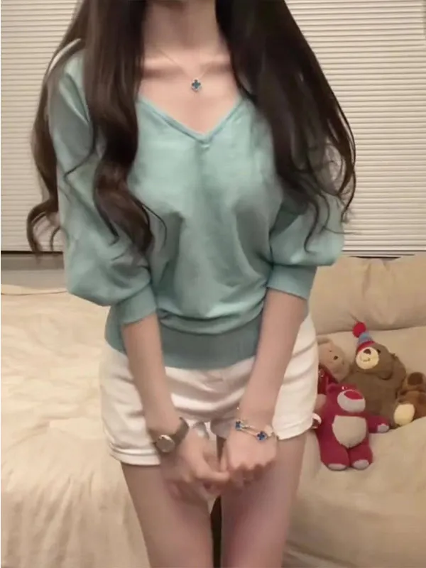 Ladies' Soft Lazy Style Lake Green V-neck Knitted Sweater Spring Summer Loose Fit  Versatile Waist-cinching Slimming Top