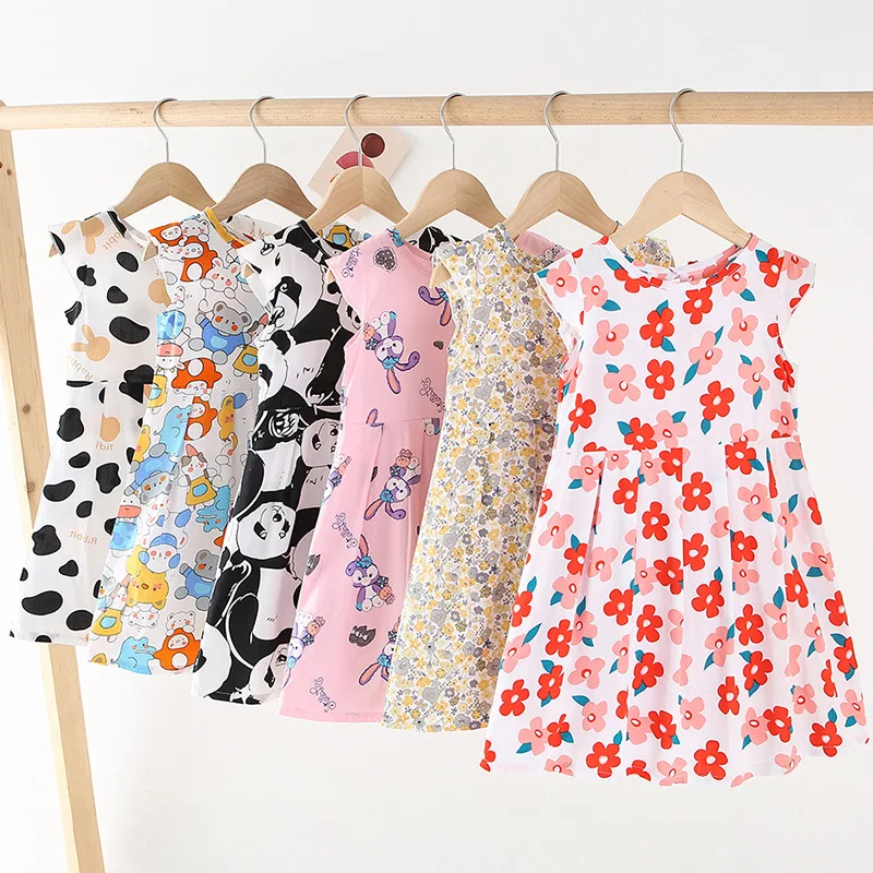 2024 Summer teens bear Daisy Girls chiffon off shoulder Patchwork Baby Clothes Toddler panda animal bunny cow Dress 4 12 year