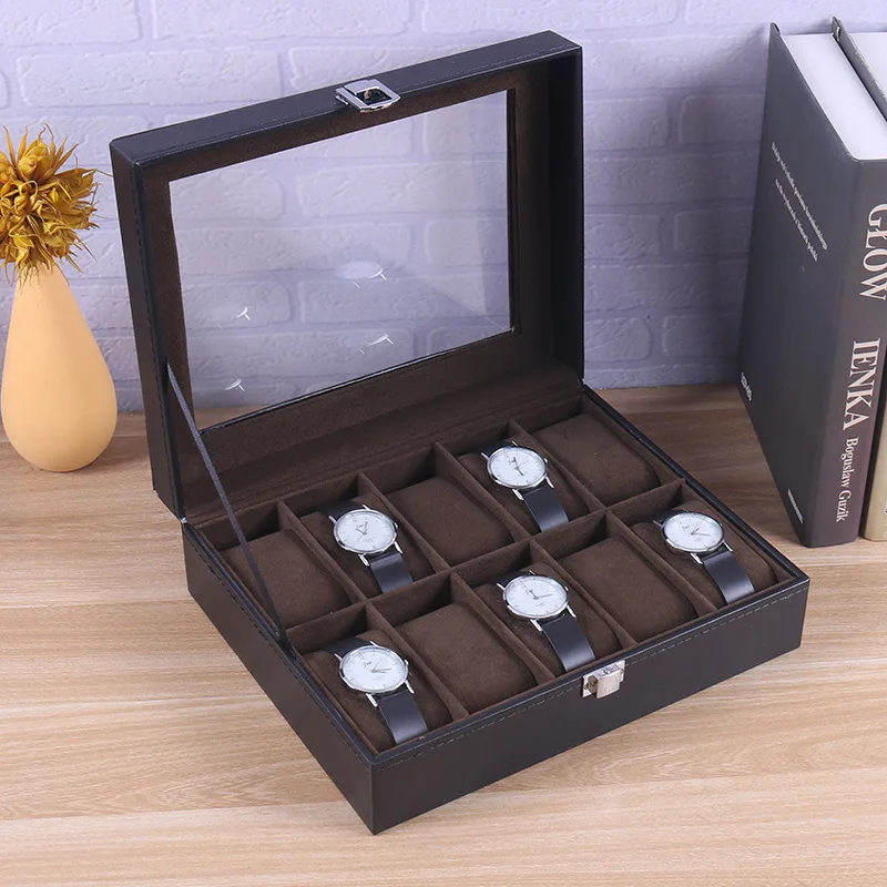 DELESYS 6/10/12 Slots Brown Color Plush Watch Box With Window Watch Display Box Dust-Proof Box For Watch Protect