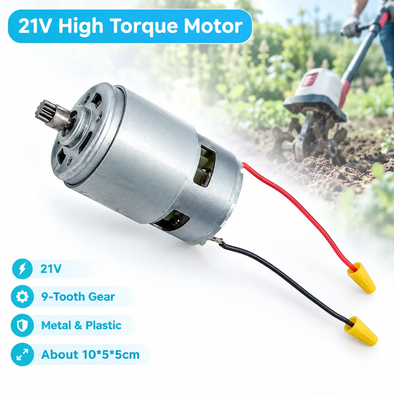 21V 9 Tooth Brushless 775 Motor High Torque for Electric Tiller Cultivator Garden Tool Silver Metal Gear Replacement Part