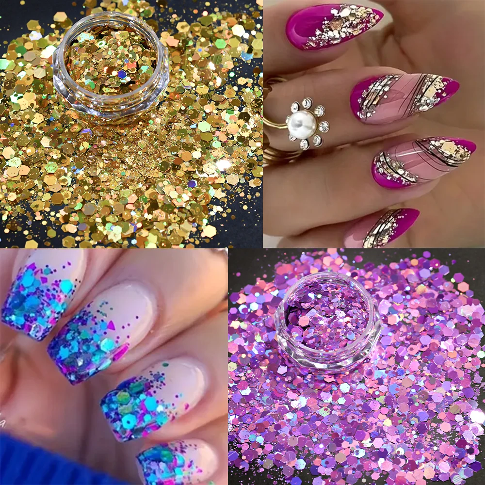 24 สี/ชุด Sparkly หกเหลี่ยม Chunky Nail Art Flakes Chameleon สีรุ้ง DIY Chrome Powder แปดเหลี่ยมรูปร่างเล็บ Decors *