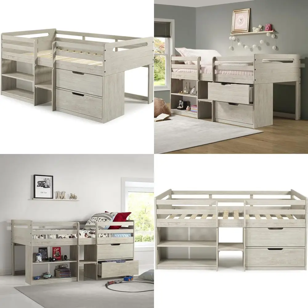 

Rustic Light Grey Twin Low Loft Bed with Bookcase & Storage Drawers