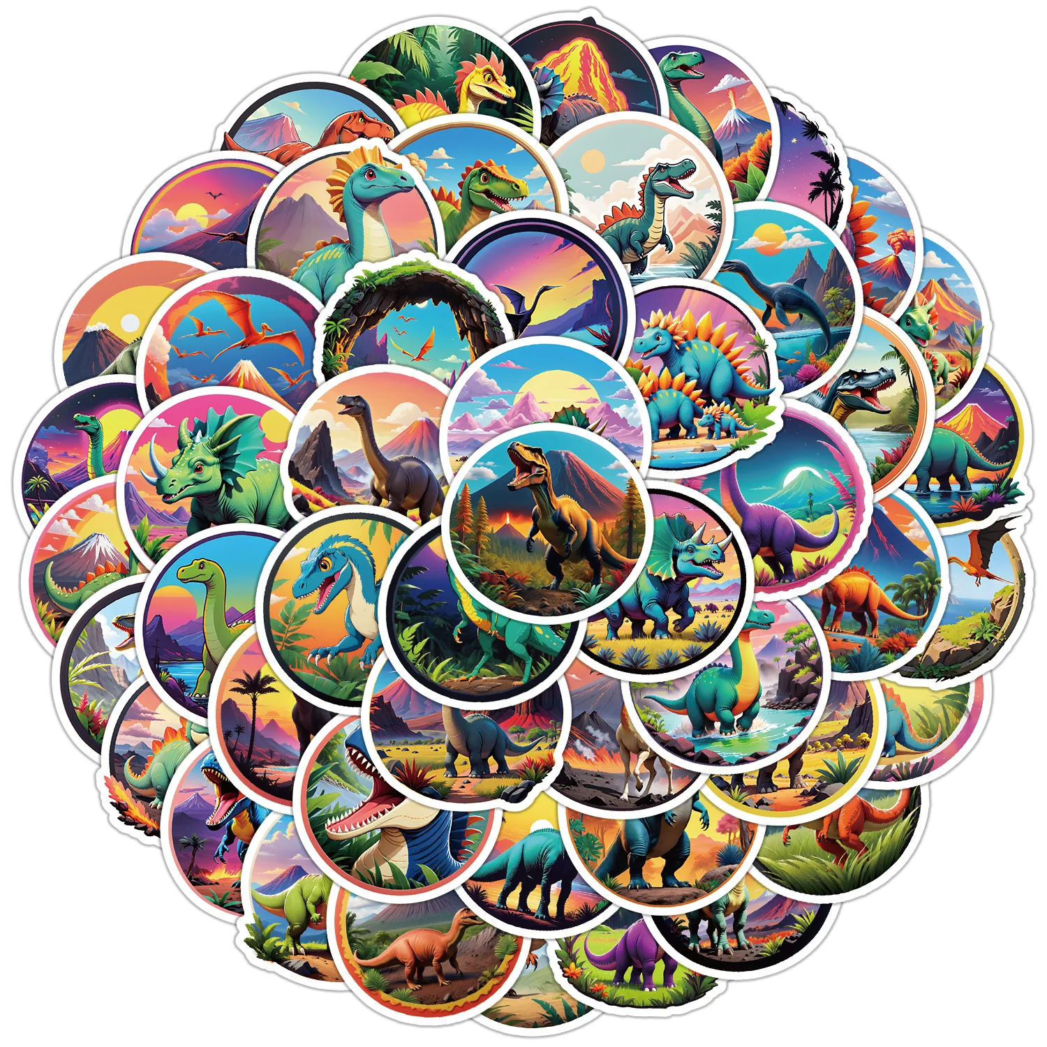 50pcs Cute Little Dinosaur Round Stickers for DIY Notebook Stationery Guitar Skateboard Water Cup Luggage Waterproof Sticker