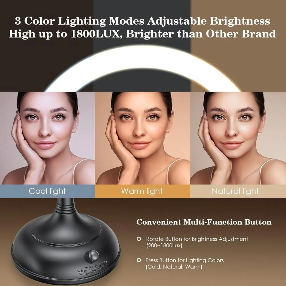 Specchio per trucco illuminato a LED bifacciale da 8,5, ingrandimento 1X/10X, luci regolabili a 3 colori, specchio cosmetico rotante con N nero