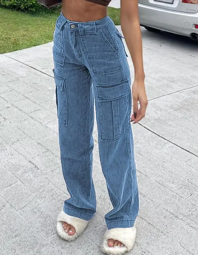 Women's Denim Long Pants 2023 Fashion Trend Street Button Pocket Design Straight Denim Cargo Pants High Waist Jeans