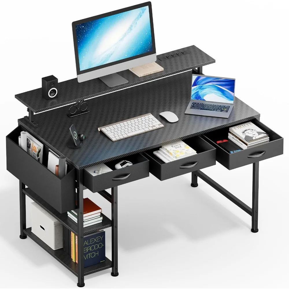

Black Gaming Desk with LED Lights and Power Outlets, 47 Inch Computer Desk with 3 Drawers and Adjustable Monitor Stand, Home Off