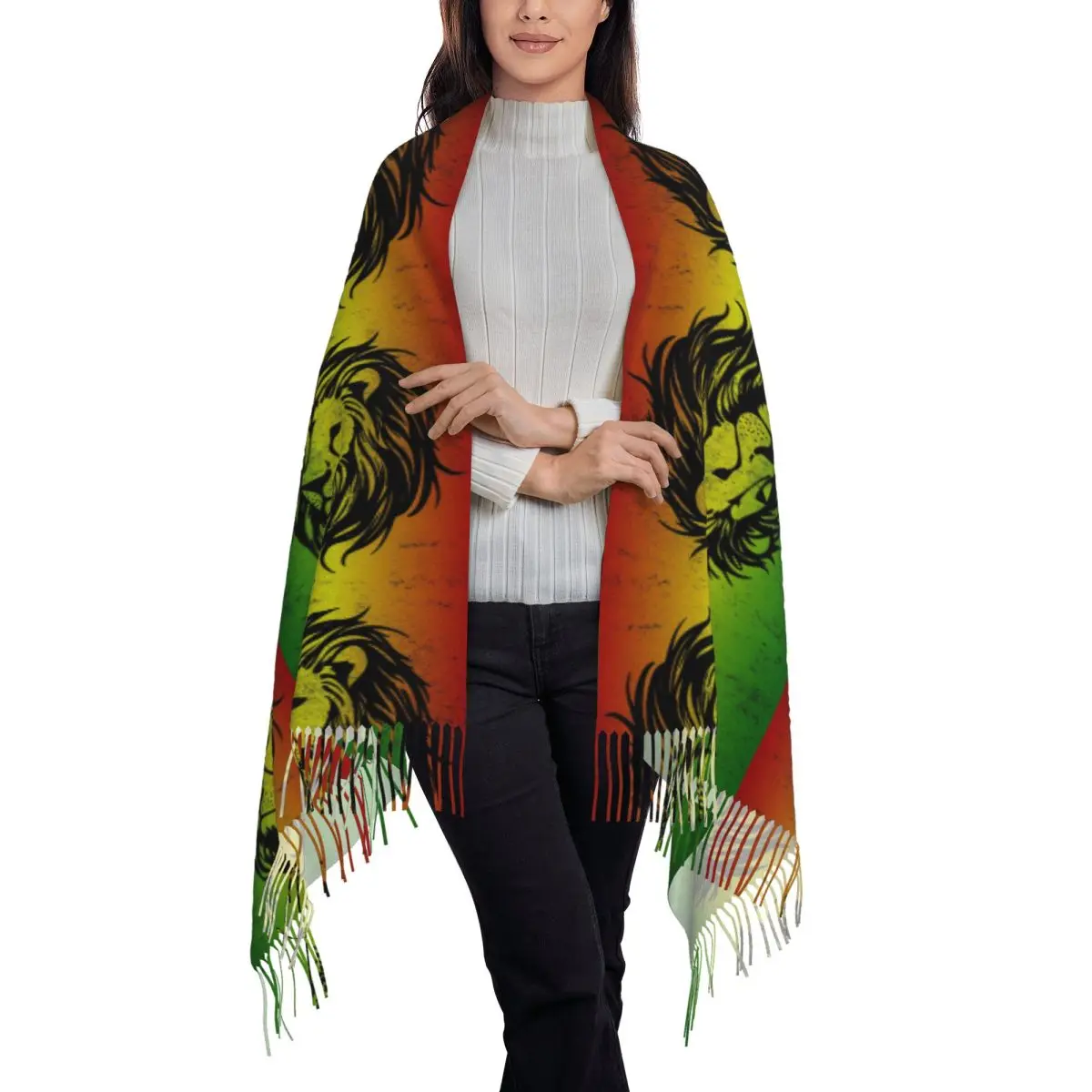 Lion Of Judah Rasta Jamaican Reggae Scarf Tassel Scarves for Women Soft Warm Shawls and Wraps Large Fall Winter Shawl Wrap