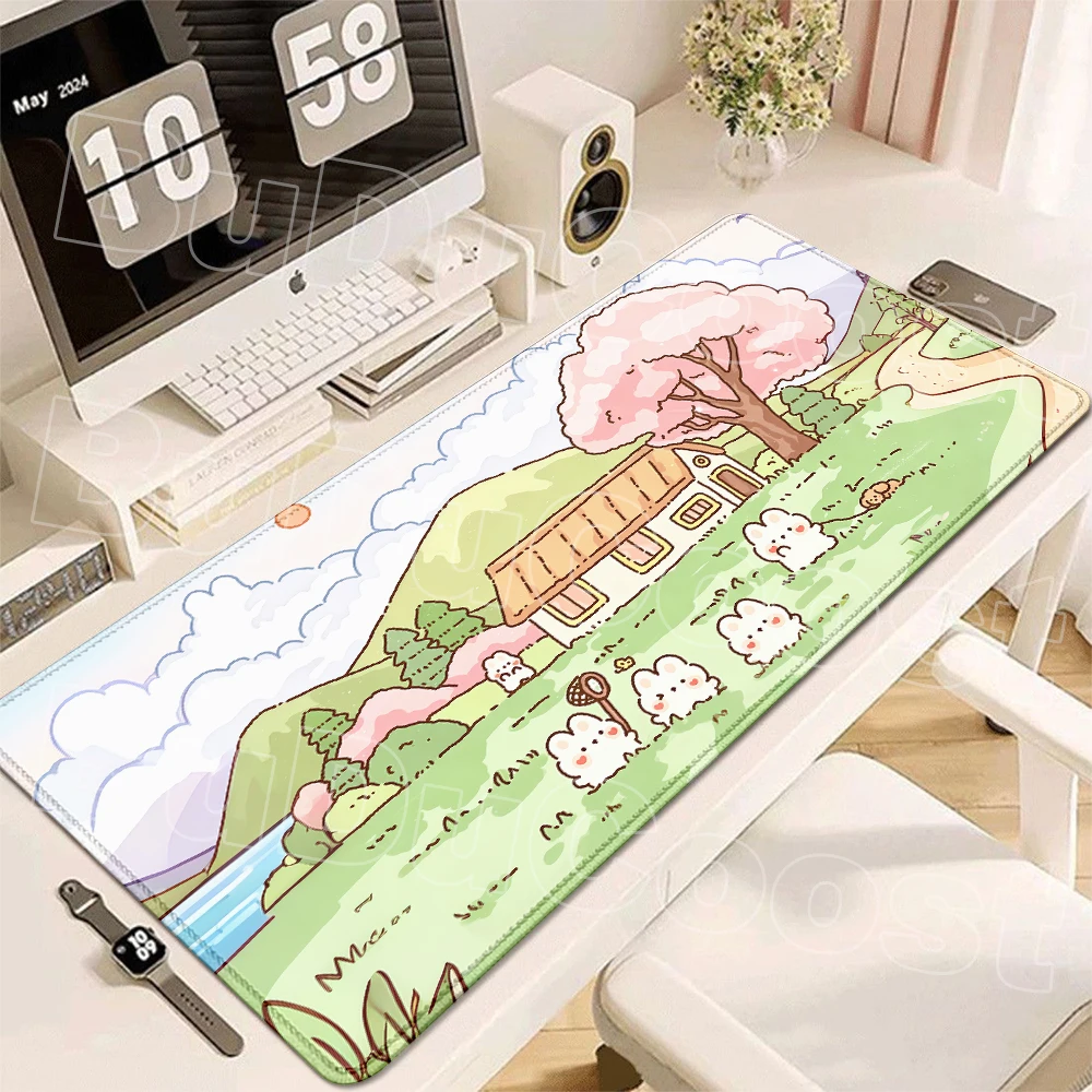 Tapis de souris de grande taille avec dessin animé de lapin Kawaii, surface ultra lisse, facile à nettoyer, faible friction, antidérapant, impression HD
