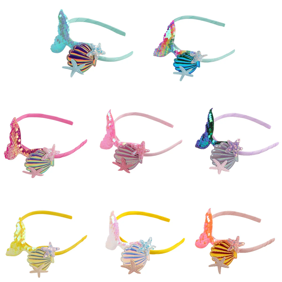 Cute Mermaid Headband Hair Hoop For Baby Girls Sequin Shell Starfish Hairbands Kids Handmade Rainbow Headwear Hair Accessories