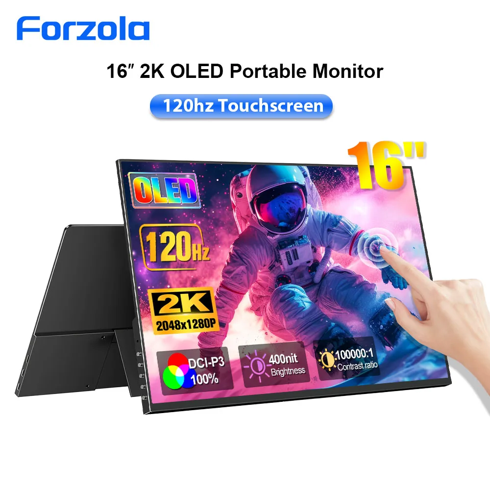 FORZOLA 16" 2K 120Hz OLED Portable Monitor 16:10 External Second Touch Screen HDMI Gaming Display for Mac Laptop Phone PS4 Xbox