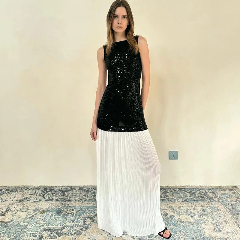 

Elegant O Neck Sleeveless Suspender Dress Fashion Sequins Patchwork Pleated Long Dress Women Sexy Backless Slim Fit Party Dress