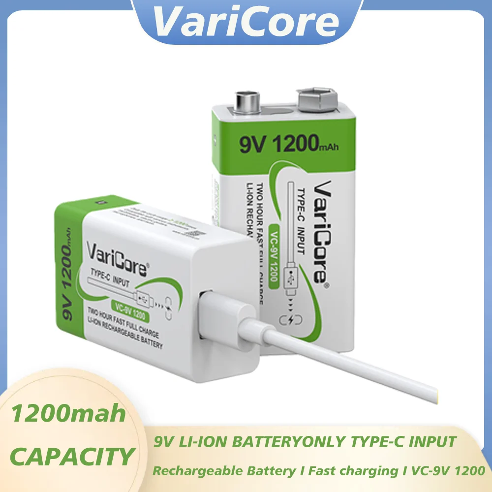 VariCore 1200mAh 9V Li-ion Battery 6F22 9V Rechargeable Battery USB For Microphone Multimeter RC Toys Temperature Gun