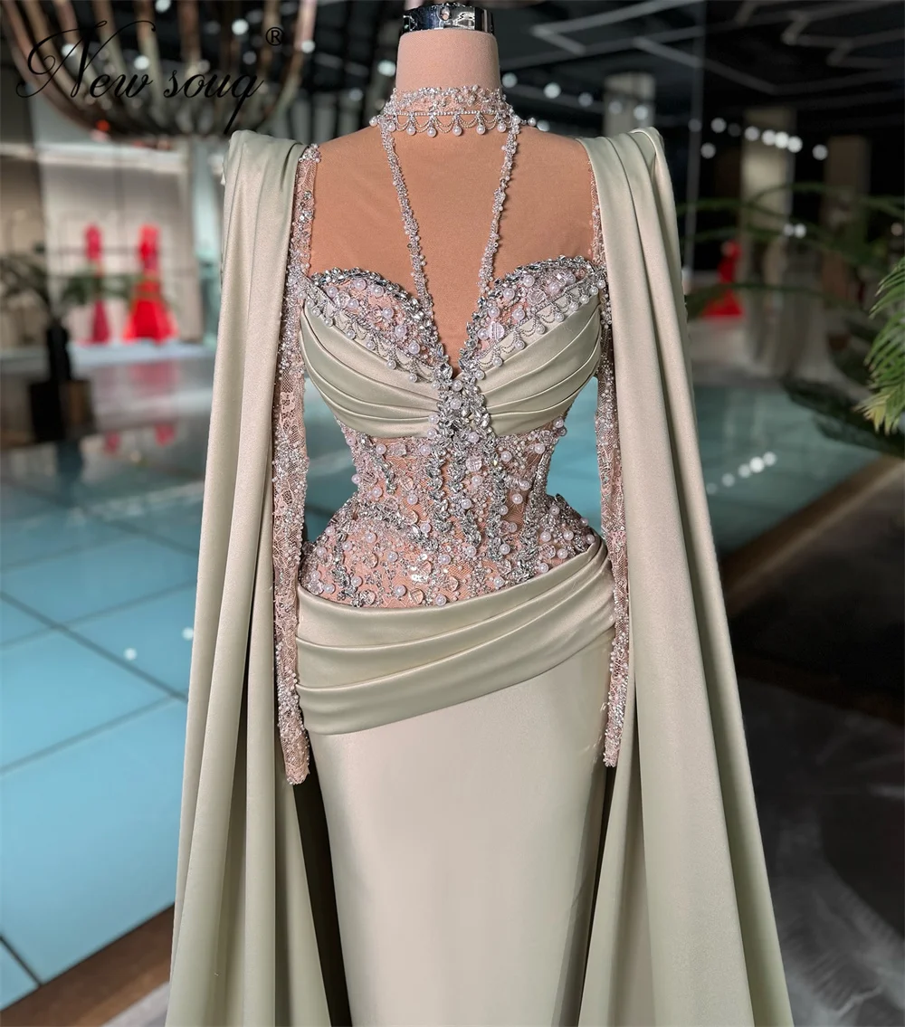 

Aso Ebi Dubai Beaded Prom Dresses Customized Elegant Crystals Mermaid Birthday Party Dress Cape Sleeves Formal Reception Gowns