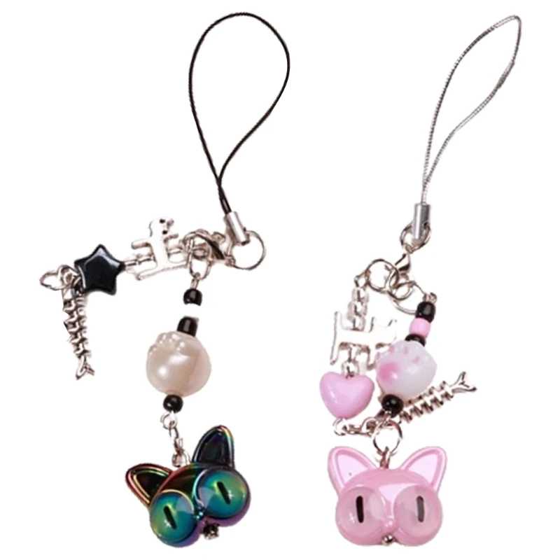 Phone Charm Big Eyes Pendant Keyring Colorful Beaded Keychain Ornament Jewelry for Animal Enthusiasts