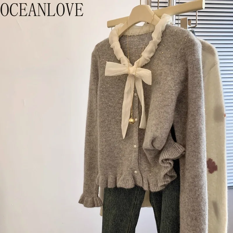 OCEANLOVE Sweet Bow Women Sweaters Ruffles Grey Solid Korean Fashion Cardigans Autumn Winter Warm Retro Elegant Knitwears