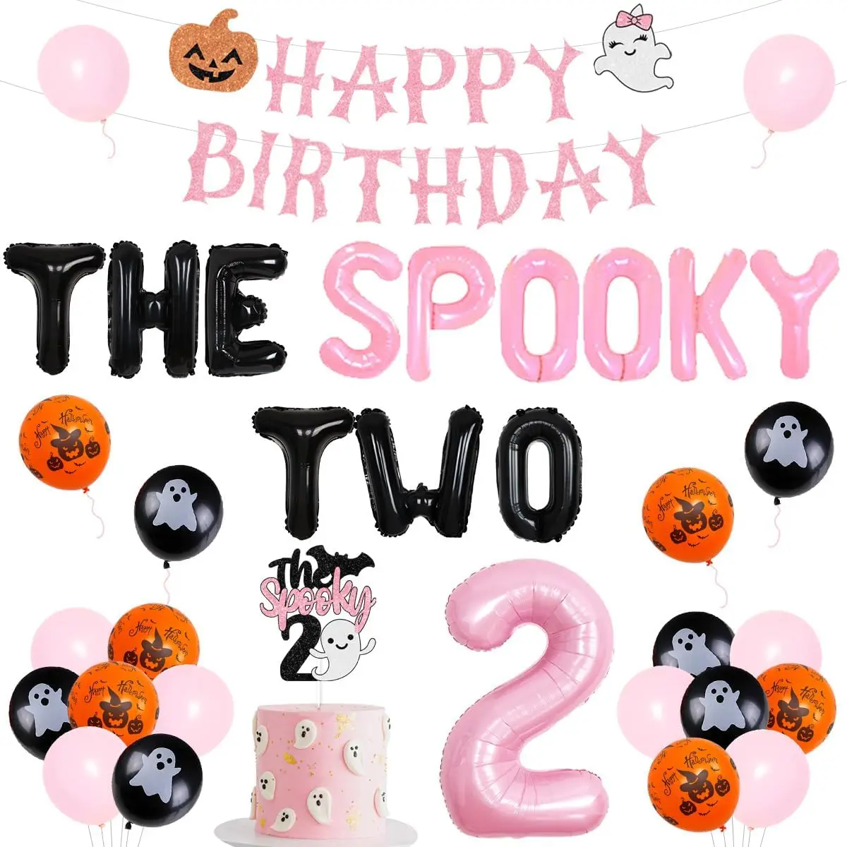 kreatwow The Spooky Two Party Decoration Pink Black Halloween 2nd Birthday Supplies Glitter Banner Ghost Pumpkin Foil Balloons