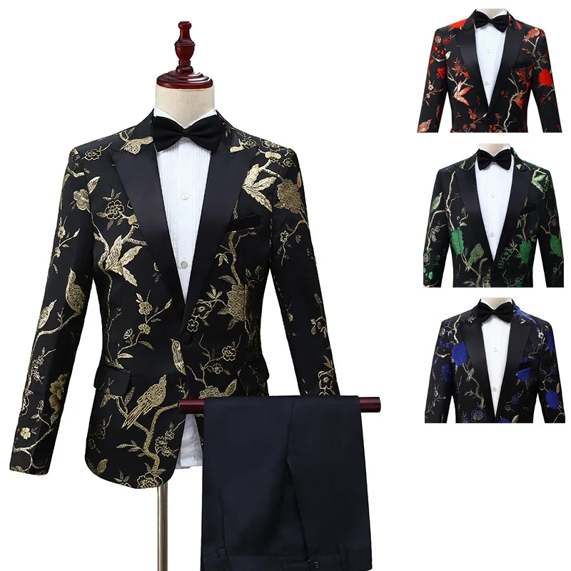 

Embroidered Floral Pattern Wedding Suit Set for plus Size Men Chinese Style Marriage Ceremony Host Costume Singer Outfit