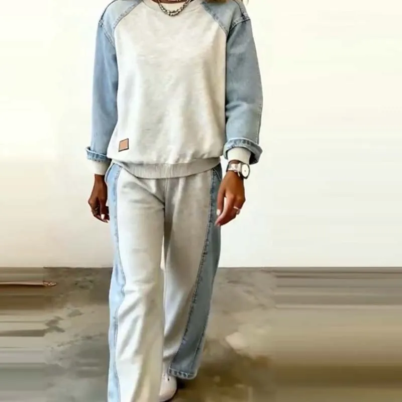 

Женская ковбойская лоскутная толстовка, спортивный костюм, винтажная осенне-зимняя повседневная свободная офисная толстовка с капюшоном, комплект из двух предметов, удобная одежда