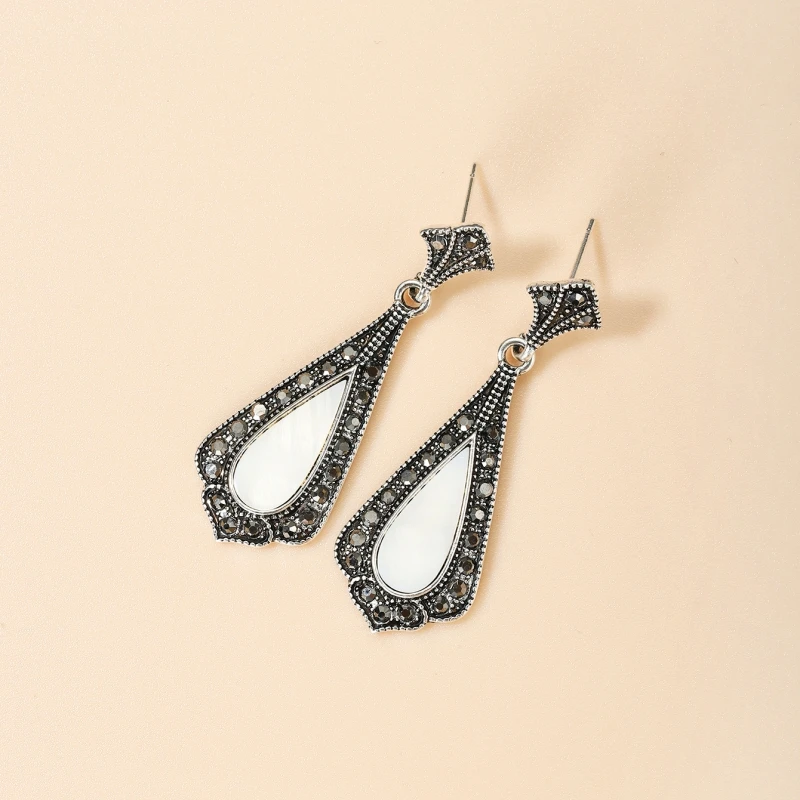 Free Shipping Vintage Teardrop White Natural Stone Earrings Girls Jewelry Gun Black Inlaid Zirconia