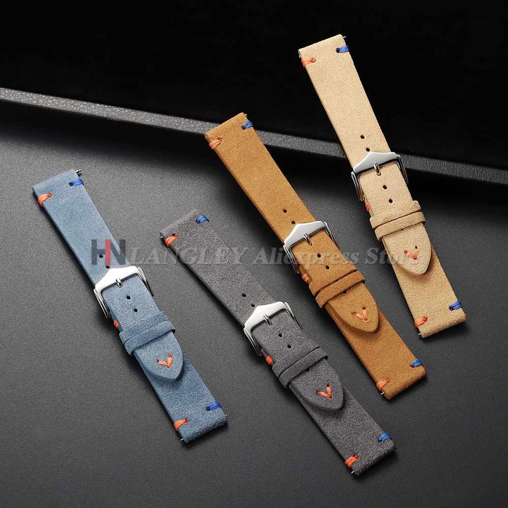 20mm 22mm 스웨이드 가죽 스트랩 빈티지 수제 스티치 시계 밴드 삼성 시계 7/6/5/4 남성 여성 교체 팔찌