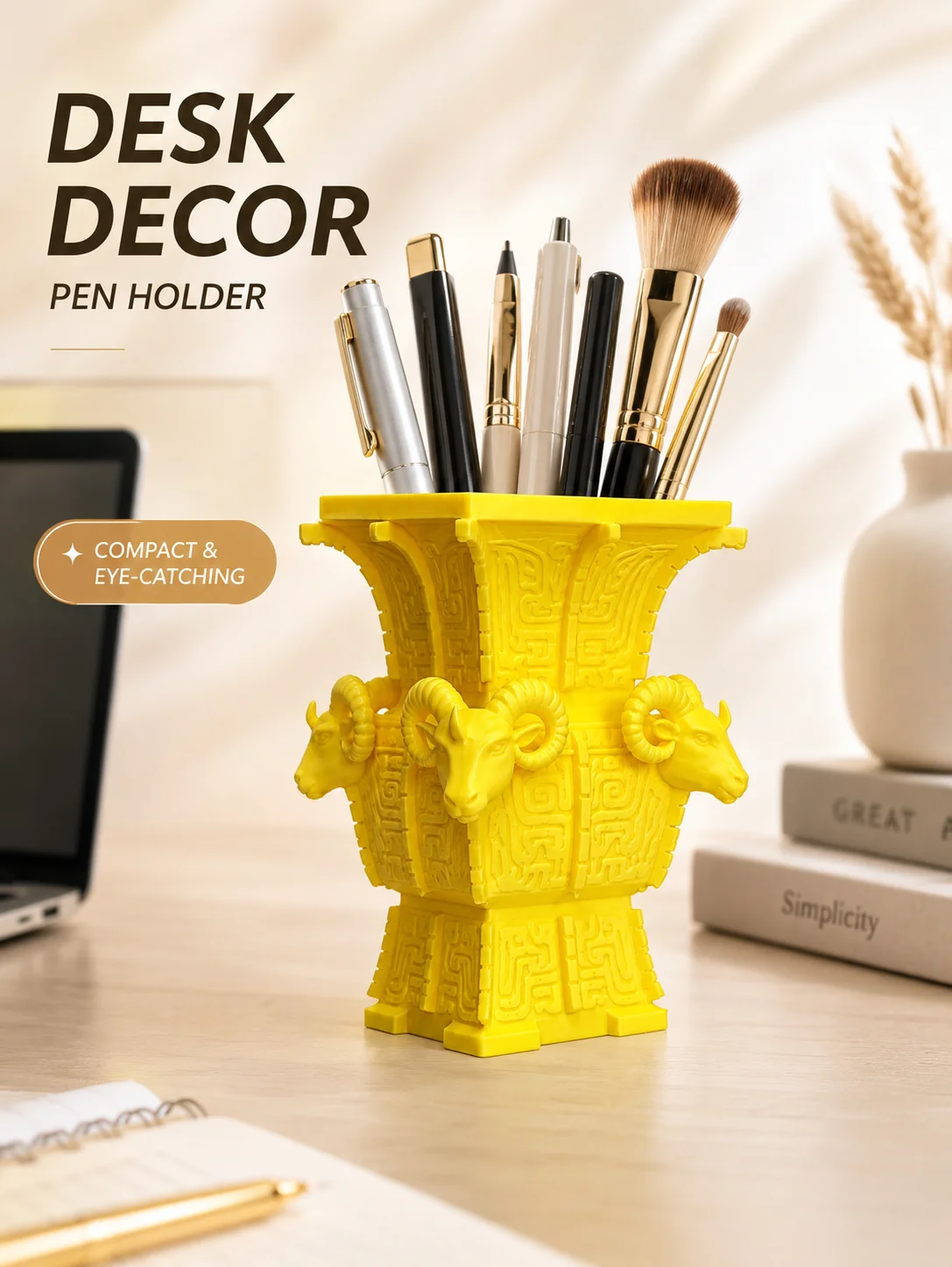 Chinese-style cultural ornament, Siyang Fangzun pen holder, finely carved patterns, antique-style vase pen container, PLA material desktop pen organizer, multifunctional makeup brush organizer, anti-tipping base to keep the desktop tidy, decoration for desks, bookshelves, and dressing tables, student office supplies, a creative gift for art enthusiasts