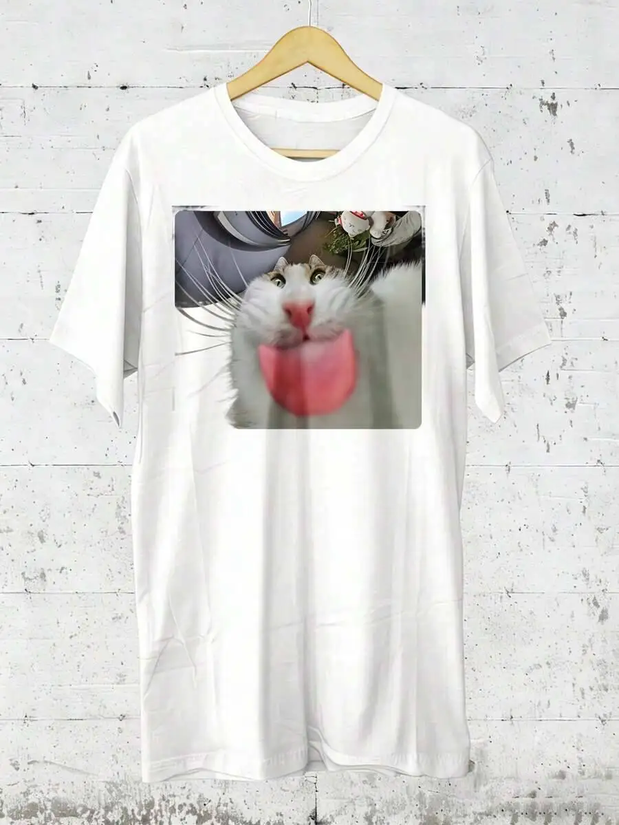 Stupid Meme Funny Silly Cat Kitten Lover Humor Brainrot T-Shirt, American Minimalist Men's Graphic Print Short Sleeve 100%