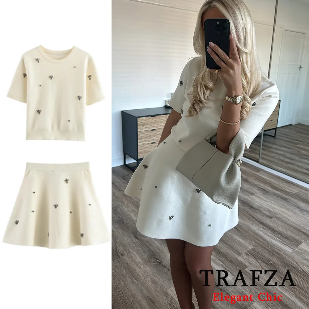 

TRAFZA Women Elegant Set Jewelry Embellished Crew-neck Top And Mini Skirt Set New 2025 Spring Autumn Fashion Holiday Date Set